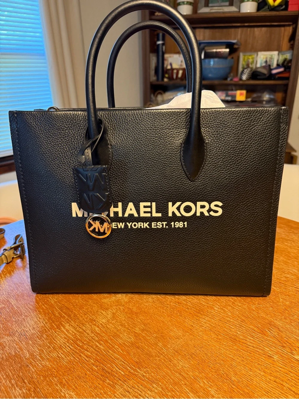 Michael Kors Black Pebbled Leather Logo Tote with Gold Accent